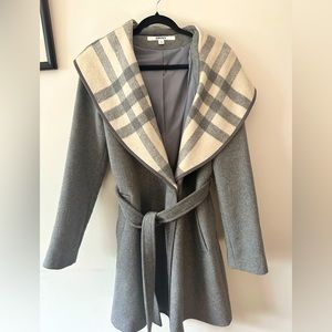DKNY Gray Checkered Hooded Coat